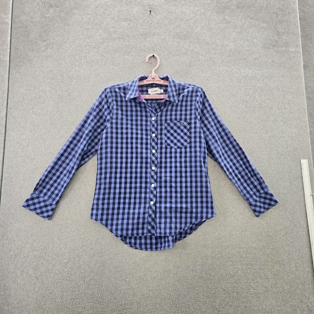 Vineyard Vines Women Button Up Shirt 2 Blue Cashmere‎ Cotton Check Logo